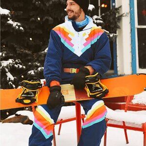 Tipsy Elves Navy Rainbow 80's Throwback one piece ski suit